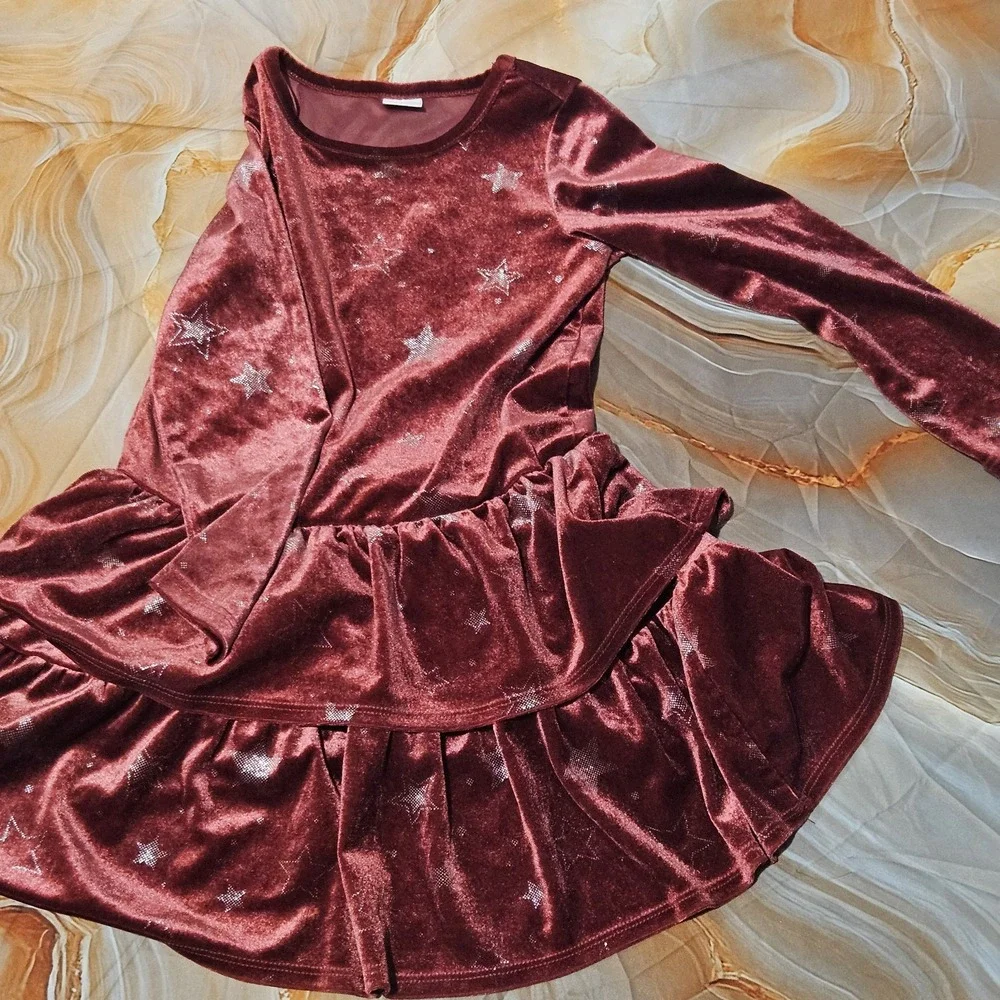Gymboree Girls Size 5T Burgundy Velour Star Ruffle Dress Long Sleeve Holiday